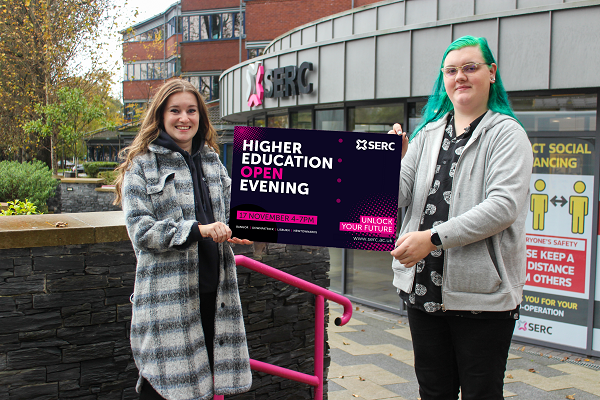 Higher Education students Zara Shaw (21) from Newtownards and  Lea Nickell (19) from Donaghadee with graphic promoting open day on 17 November .